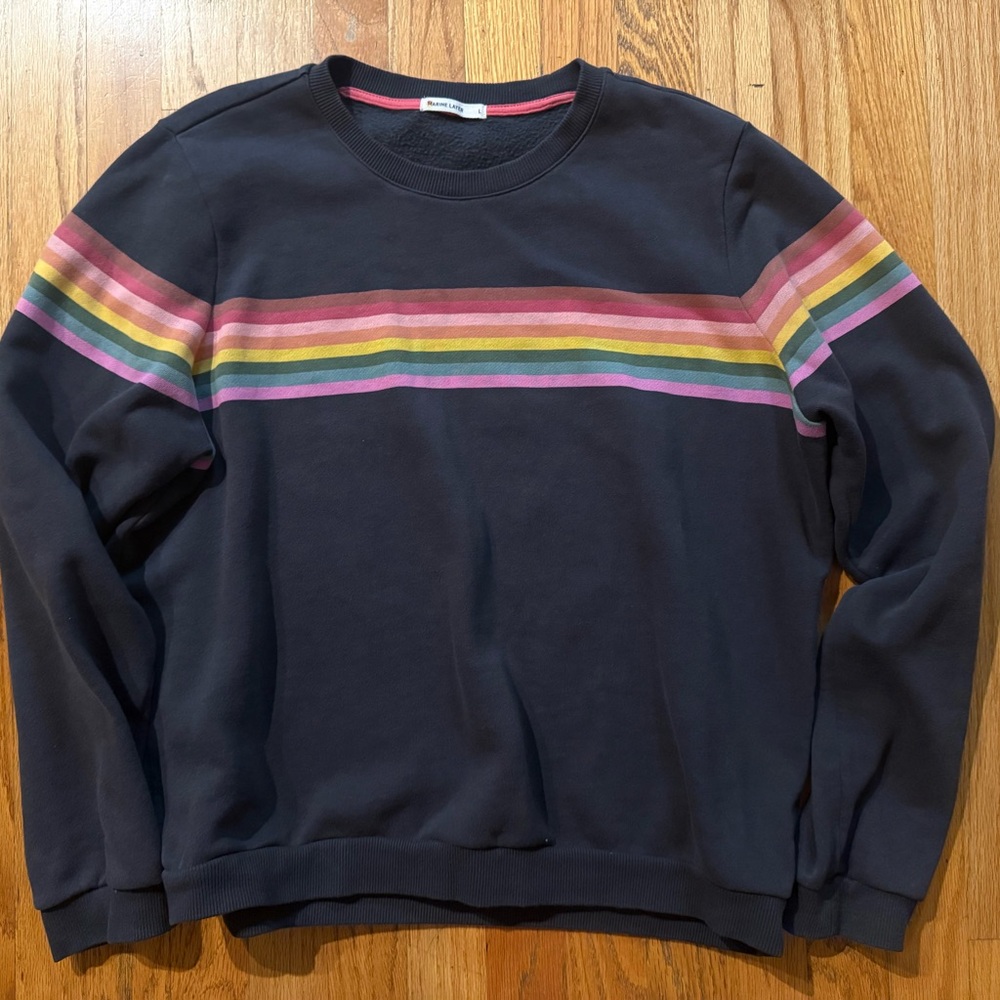 Marine Layer Navy Crewneck Sweater with Rainbow Stripes